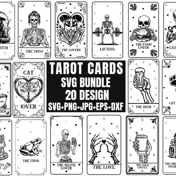 Funny Tarot Cards SVG Bundle, Skeleton Love Svg, Witch Tarot Svg, Lovers tarot card, Instant Download, Cut Files for Cricut, Silhouette