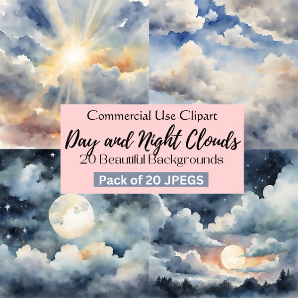 Cloud Digital Paper, Clouds Background, Inspirational Sky, Watercolor Cloudy Skies, Day and Night Clouds, Puffy Clouds Sky, Watercolor Cloud