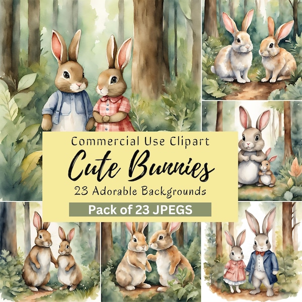 Cute Rabbits Clipart, Cute Watercolor Bunny, Cute Bunnies Backgrounds, Watercolor Rabbits, Easter Art, Commercial Use, Digital Download,