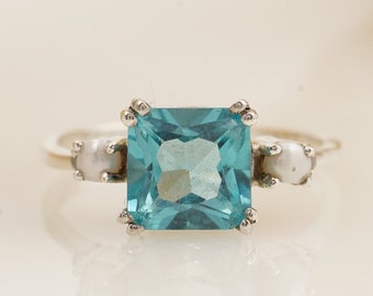 Cushion-Cut Natural Aquamarine Engagement Ring, Round Cut Pearl Ring, Prong Set Aquamarine Pearl Ring, 14K Solid Gold, March Birthstone Ring