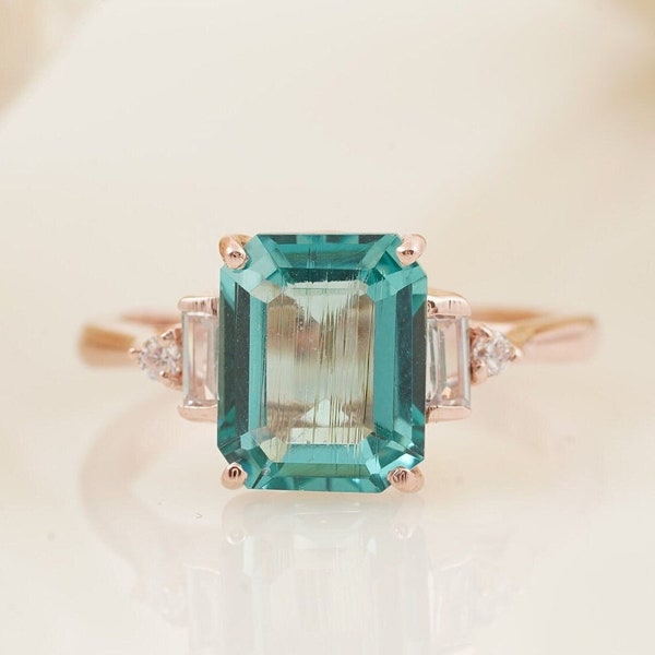 Vintage Natural Aquamarine Engagement Ring, Emerald Cut Aquamarine Ring, Aquamarine Diamond Ring, Solid Gold Ring, March Birthstone Ring