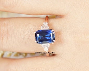 Emerald cut Sapphire Engagement Ring, Dainty Diamond Bridal Ring, Baguette Diamond Wedding Ring, Anniversary Promise Ring, Gift For Women