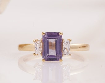 Emerald Cut Alexandrite Engagement Ring, Vintage June Birthstone Baguette Moissanite Ring, Handmade Art Deco Bridal Wedding Ring For Her