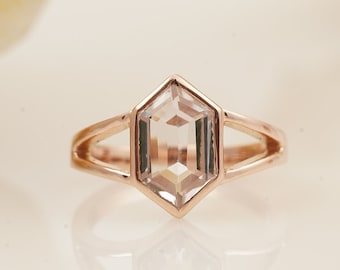 Hexagon Moissanite Engagement Ring 14K Rose Gold Art Deco Handmade Solitaire Ring Single Stone Ring Delicate Wedding Promise Gift For Her
