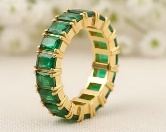 Emerald 14K Gold Full Eternity Band, Baguette-Cut Matching Band Wedding Ring, Green Gemstone Ring Gift for Women Stacking Band, Promise Ring