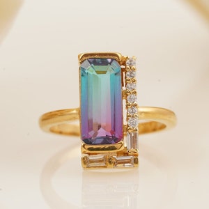 14K Gold Emerald Cut Watermelon Tourmaline Ring: Vintage Art Deco Engagement
