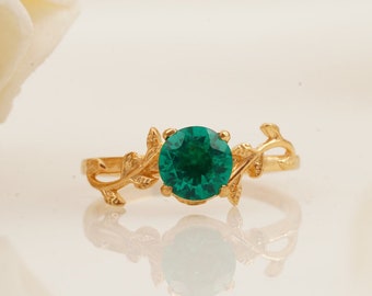 Vintage Emerald Round Cut Engagement Ring, 14K Yellow Gold Branches Leaf Twig Nature Inspired Solitaire Ring, May Birthstone Ring for Women