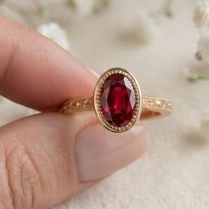 14kt Solid Gold Vintage 2CT Oval Ruby Engagement Ring • Bezel Set July Birthstone Gold Solitaire, Milgrain Ring, Floral Engraved Band Ring