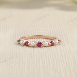 Handgemachte Rubin Perle Ehering: Sterling Silber Halbe Eternity Stapelring