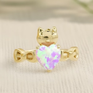 Anillo inspirado en gatitos: corazón de ópalo rosa, plata de ley 925, regalo para amantes de los animales.