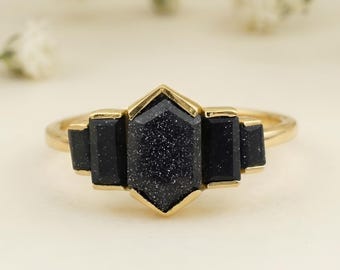 Hexagon Cut Blue Sandstone Ring Vintage Rose Gold Engagement Ring Galaxy Ring Baguette Cut Sandstone Ring Bridal Anniversary Ring For Women