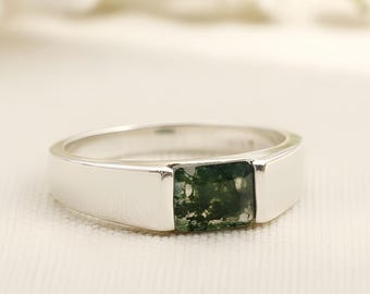 Emerald Cut Moss Agate Signet Ring: Sterling Silver Art Deco Band