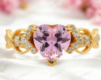 Unique Heart Cut Pink Sapphire Engagement Ring, Rose Gold Vine Ring, Wedding Ring, Custom Promise Ring, Dainty Diamond Rings For Women