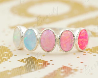 Pink Opal Ring, Vintage Opal Band, Opal Wedding Band, Rose Gold Opal Ring, Dainty Opal Ring, October Birthstone Ring, Matching Band Ring