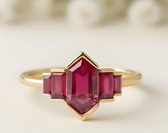 Ruby Geometric Art Deco Ring in Gold | Red Emerald Cut Gemstone Engagement Ring | Unique Vintage Promise Ring | Statement Jewelry Gift