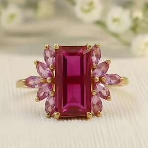 Vintage 14K gouden stokbrood robijnrode verlovingsring, briljante robijnrode clusterring, handgemaakte art deco-beloftering huwelijksverjaardag voor haar