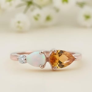 Yellow Citrine And Opal Engagement Ring, Pear Cut Gems, Art Deco Moissanite Wedding Band,3 Stone Unique Women Bridal Birthstone Promise Ring