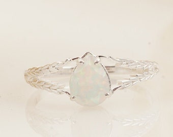 Pear Opal Engagement Ring 925 Sterling Silver Natural Leaf Setting Band Ring Fire Opal Solitaire Ring October Birthstone Promise Bridal Ring