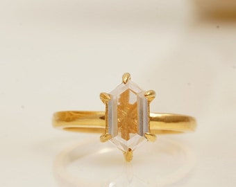 Anillo de compromiso de moissanita de oro amarillo vintage de 14K, anillo de aniversario de boda de piedra única Art Déco de diamante de talla hexagonal solitario para ella