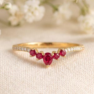 Ruby Diamond Curved Wedding Band, 18K Yellow Gold Chevron Matching Stacking Ring, Round Diamond Band, July Birthstone Jewelry Promise Gift