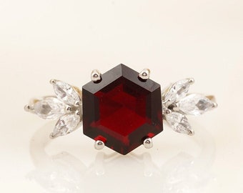 Natural Garnet Engagement Ring, Red Gemstone Ring, 925 Sterling Silver Handmade Marquise moissanite Wedding Anniversary Promise Ring For Her