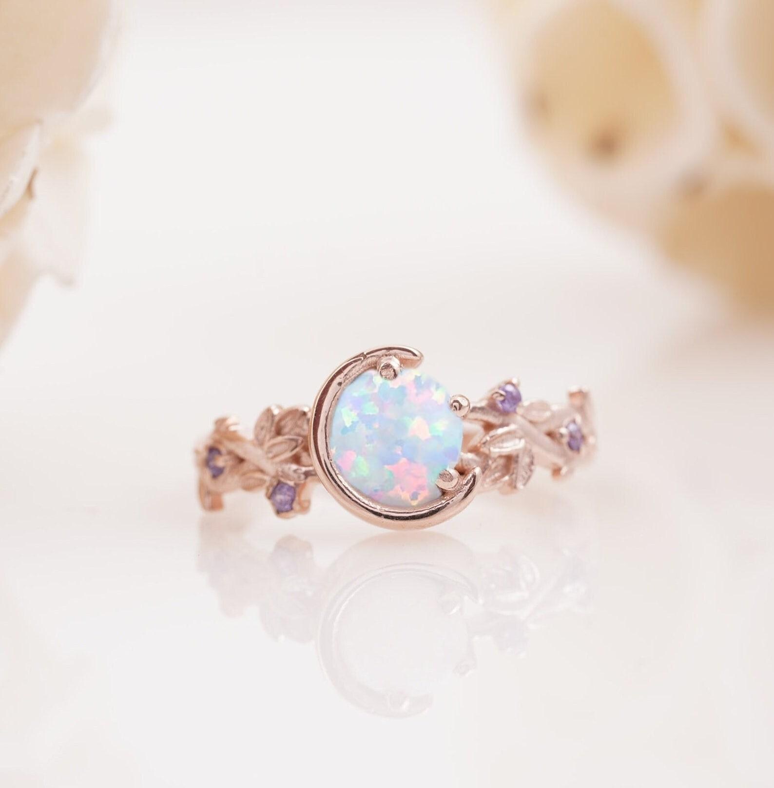 Handmade Sterling Silver Crescent Moon Opal Ring: Twig Amethyst Art Deco Ring