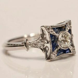 Vintage Old European Style Sapphire & Diamond Wedding Ring, Estate Jewelry For Women, Antique Vintage Ring, Art Deco Ring, Iconic Retro Ring