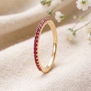 14k Solid Gold Ruby Ring / Half Eternity Ruby Ring Micro Pave Set / Stackable Natural Genuine Ruby Ring / July Birthstone Ring