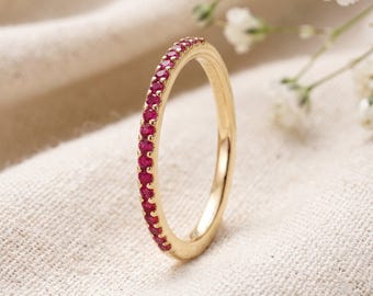 14k Solid Gold Ruby Ring / Half Eternity Ruby Ring Micro Pave Set / Stackable Natural Genuine Ruby Ring / July Birthstone Ring