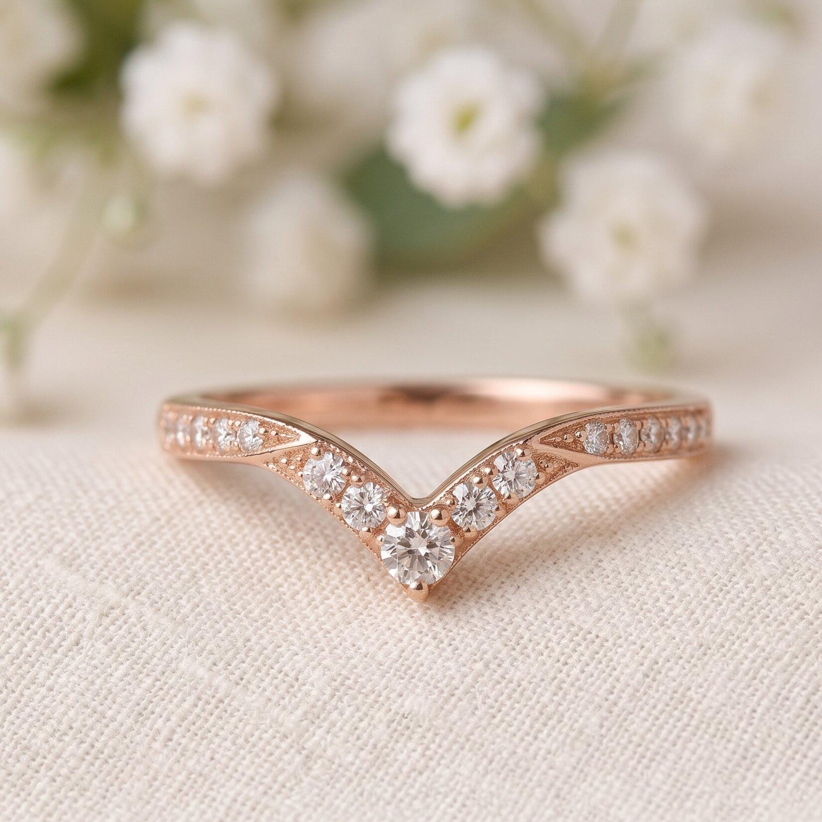Rose Gold Chevron Diamond Ring, V Shaped Wedding Band, Curved Stacking Ring for Women, Dainty Gold Bridal Ring, Anniversary Gift Jewelry