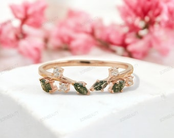 Moss Agate Cluster Ring: Sterling Silver Bohemian Wedding Band