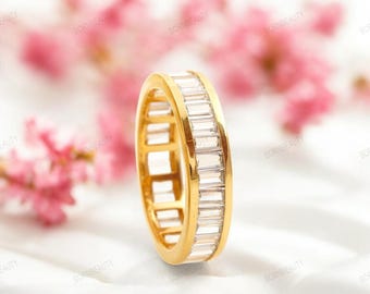 14K Gold Moissanite Eternity Band: Baguette Cut Wedding Ring