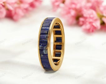 Lapis Lazuli Solid Gold Channel Set Ring - Sterling Silver Art Deco Band