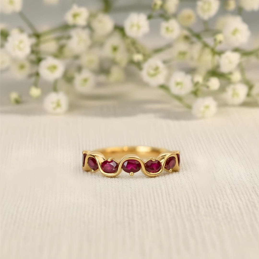 Red Ruby Half Eternity Ring 14K Solid Gold Unique Wavy Ring July ...