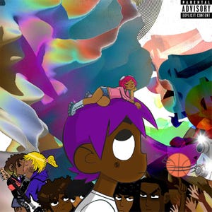 May include: Album cover art featuring a cartoon character with purple hair and a white shirt. A person with pink hair and roller skates is lying on the character's head. The background has a colorful, abstract design with the Parental Advisory Explicit Content label.