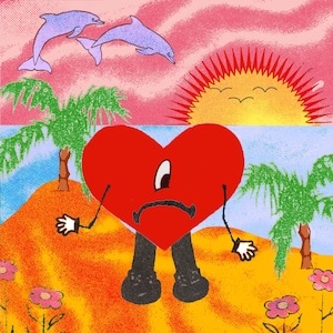 May include: A cartoon illustration featuring a red heart character with arms and legs, set against a tropical beach scene. Two dolphins leap in the sky above a sunset, with palm trees and flowers in the foreground.