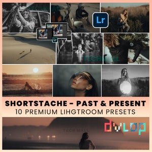 Puede incluir: Un collage de imágenes que muestran 10 ajustes preestablecidos de Lightroom para fotógrafos. Los ajustes preestablecidos se llaman "Shortstache - Past & Present". Las imágenes están en una variedad de estilos, incluyendo blanco y negro, color y vintage. Los ajustes preestablecidos están diseñados para dar a tus fotos un aspecto único y profesional.