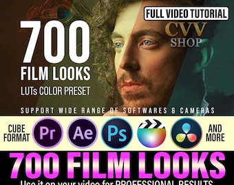 May include: 700 Film Looks LUTS Color Preset for video editing.  Supports a wide range of software and cameras.  Includes a free gift of 100 Cine LUTS.  Cube format.
