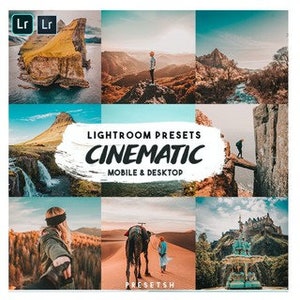 May include: A set of Lightroom presets called "Cinematic" for mobile and desktop use. The presets are designed to give photos a cinematic look. The image shows a variety of landscapes, including mountains, waterfalls, and deserts.