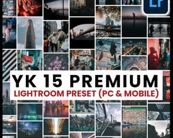 May include: A collage of images showcasing the use of Lightroom presets, featuring cityscapes, architecture, and street photography. The text "YK 15 PREMIUM LIGHTROOM PRESET (PC & MOBILE)" is displayed in the center of the image.