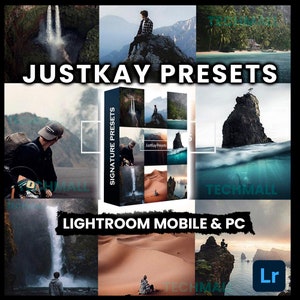 以下が含まれることがあります： モバイルとPC用の「JustKay Presets」というLightroomプリセットのコレクションです。プリセットは、滝、山、ビーチ、砂漠など、さまざまな自然のシーンを特徴としています。ボックスには「Signature Presets」というテキストが表示されています。