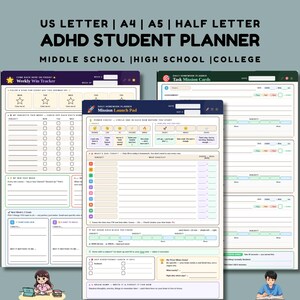 Könnte beinhalten: ADHS-Studentenplaner in den Formaten US Letter, A4, A5 und Half Letter. Der Planer enthält Abschnitte für Schüler der Mittel- und Oberstufe sowie für Studenten. Er umfasst einen wöchentlichen Erfolgstracker und einen täglichen Hausaufgabenplaner.
