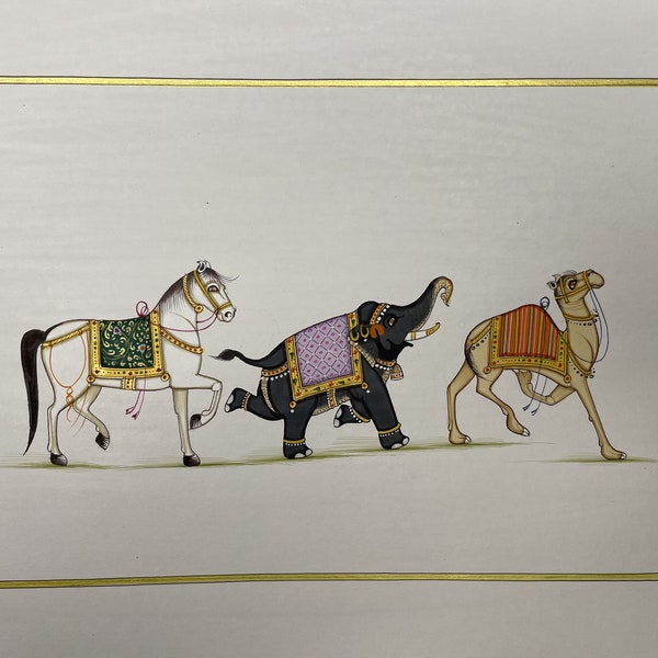 Trois Grâces : Croquis d'animaux sur papier | Bordure dorée | Du désert à la jungle | Art rare | vintage Accueil Art | Art de collection | Art du Rajasthan