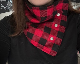 Flannel Cowl neck scarf with snap buttons, plaid cowl, neck warmer