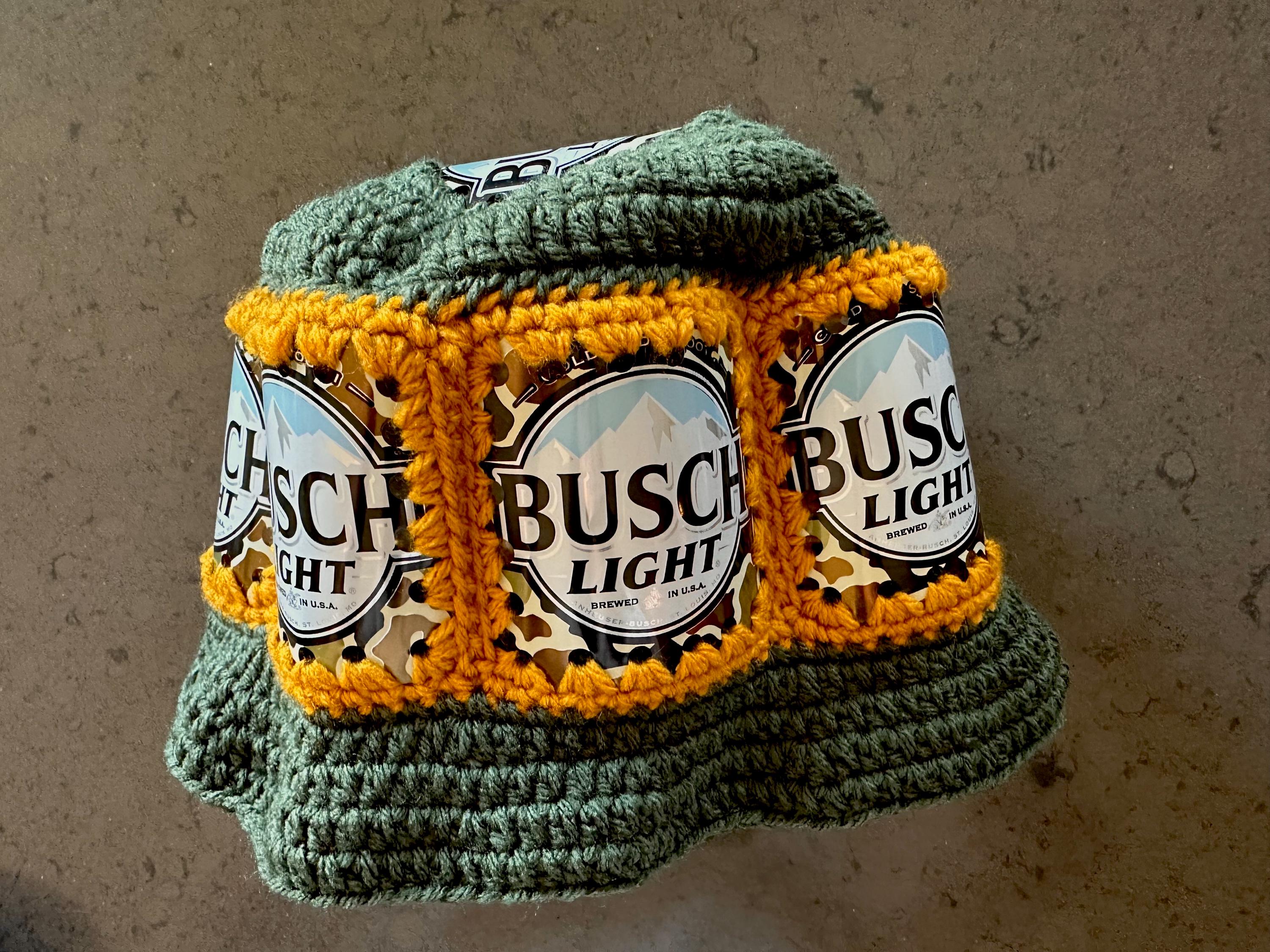Busch light crotchet bucket hat with real beer cans handmade by key west Artist Beer Can Crochet Hat Busch Light Farmer - Etsy Canada main image 2
