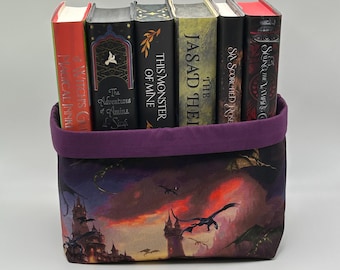 Handmade TBR Book Basket | Fabric Book Organiser | Fantasy Kingdom Dragons Design