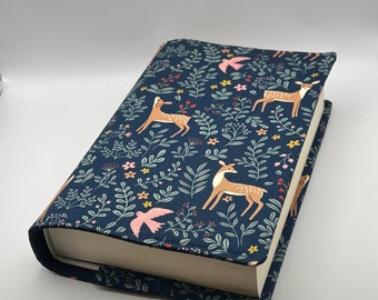 Handmade Adjustable Book Cover | Fabric Dust Jacket | Navy Forest Animals Design