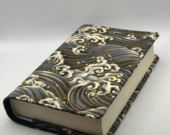 Handmade Adjustable Book Cover | Fabric Dust Jacket | Blue Isumi Japanese Sea Waves Design