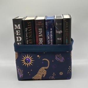 Panier à livres fait main TBR | Organiseur de livre en tissu | Conception de chats célestes