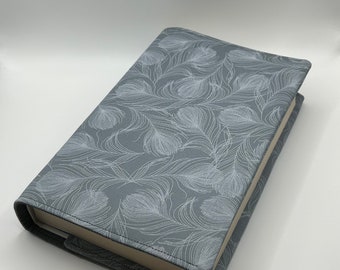 Handmade Adjustable Book Cover | Fabric Dust Jacket | Grey Feathers Design